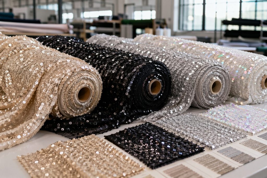 Wholesale sequin fabric rolls and sample cards on a factory quality inspection table
