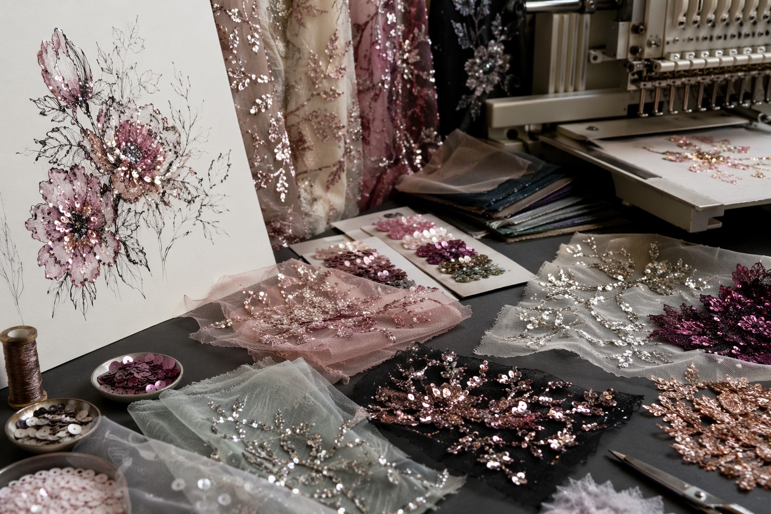Custom sequin fabric development board with embroidery swatches and mesh bases