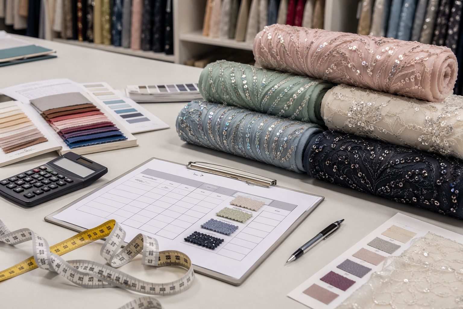 Textile MOQ and pricing discussion with sequin fabric swatches and sample rolls