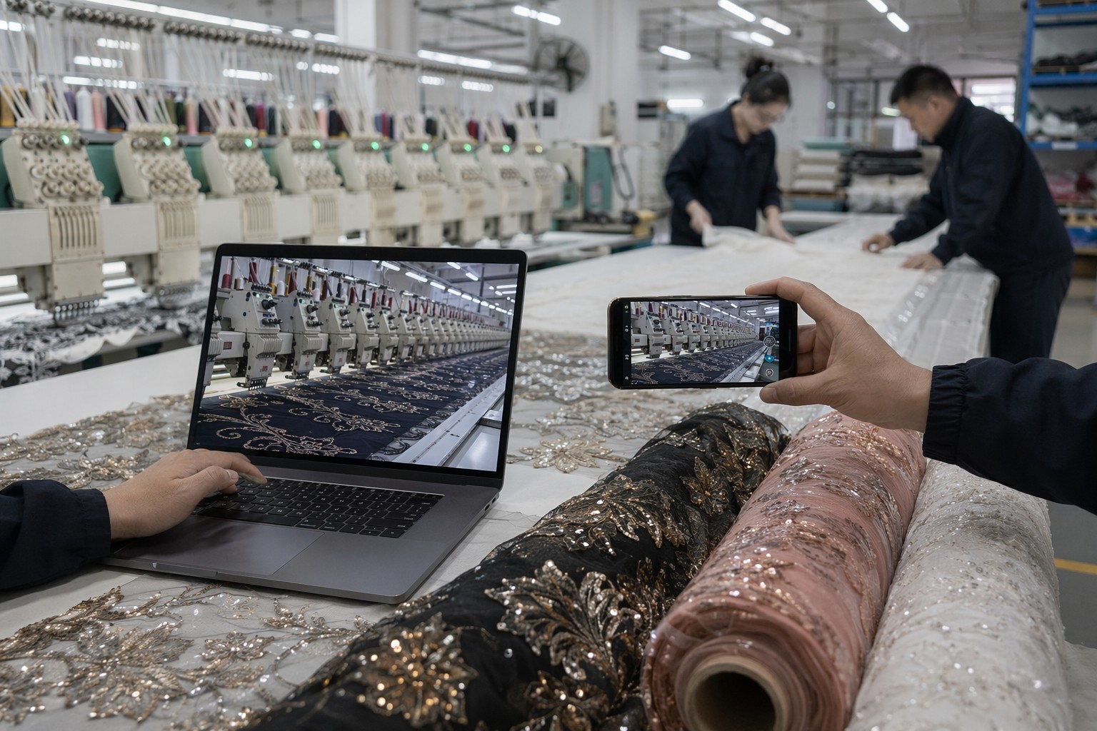 Remote live video audit setup in a Chinese sequin and embroidery fabric factory