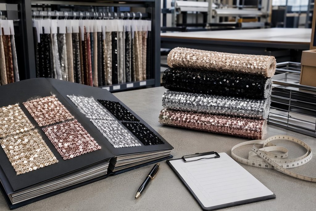 Sequin fabric wholesale buying guide with swatch book and fabric roll selection