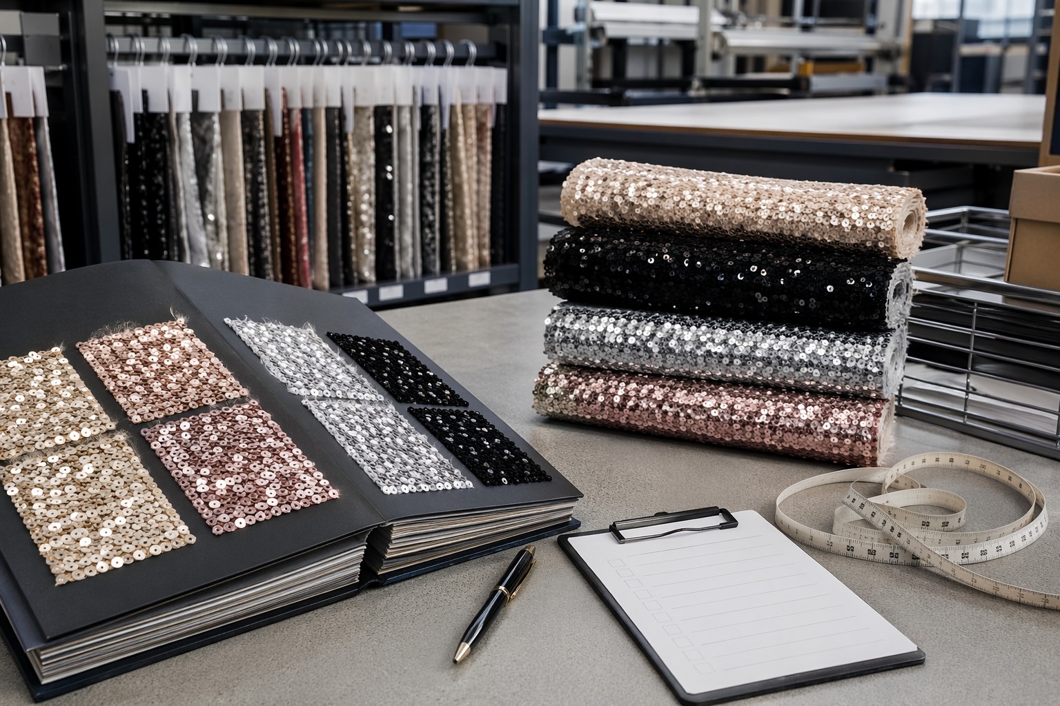 Sequin fabric wholesale buying guide with swatch book and fabric roll selection