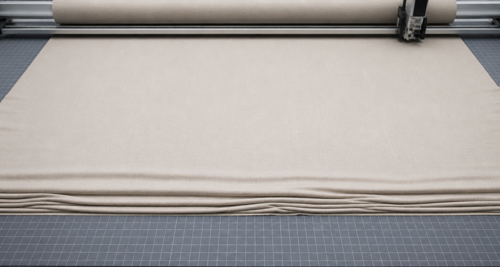 Wide fabric spread flat on a cutting table with a measurement grid and cutting rail for efficient yield