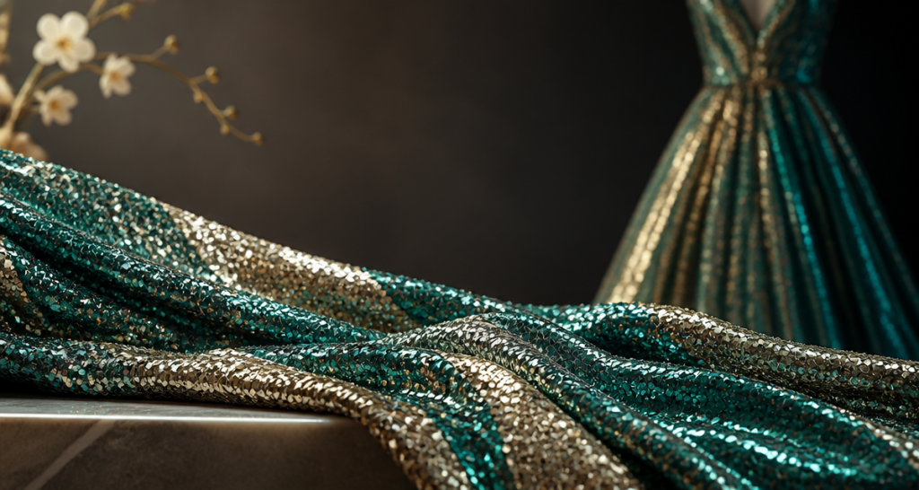 Iridescent teal and champagne sequin fabric draped over a polished stone surface with a blurred couture gown in the background