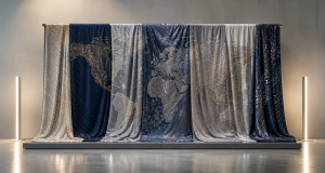 Futuristic textile exhibition stand with woven fabric panels whose patterns suggest a global map