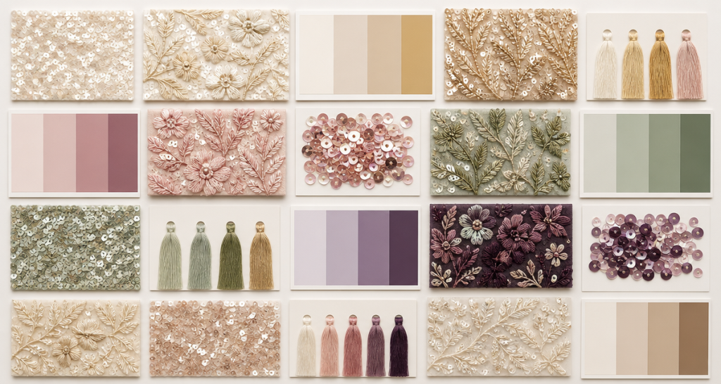 Modern trend mood board showing new 2026 embroidery textures and colors with sequin and thread samples