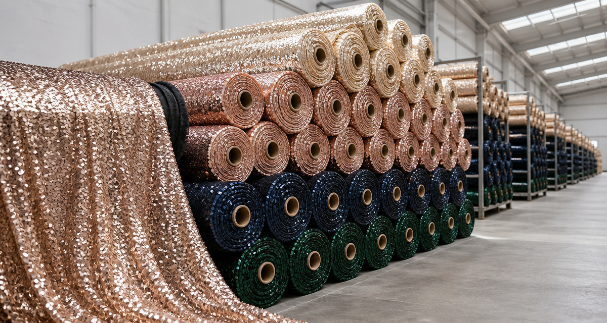 Orderly stacks of sequin fabric rolls in champagne rose gold navy and emerald on warehouse racks with one roll partially unrolled