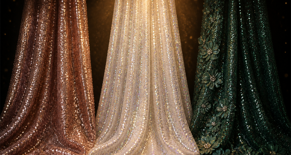 Three draped 2026 sequin fabric panels in champagne rose, iridescent white and deep emerald with 3D floral embellishments under a warm spotlight