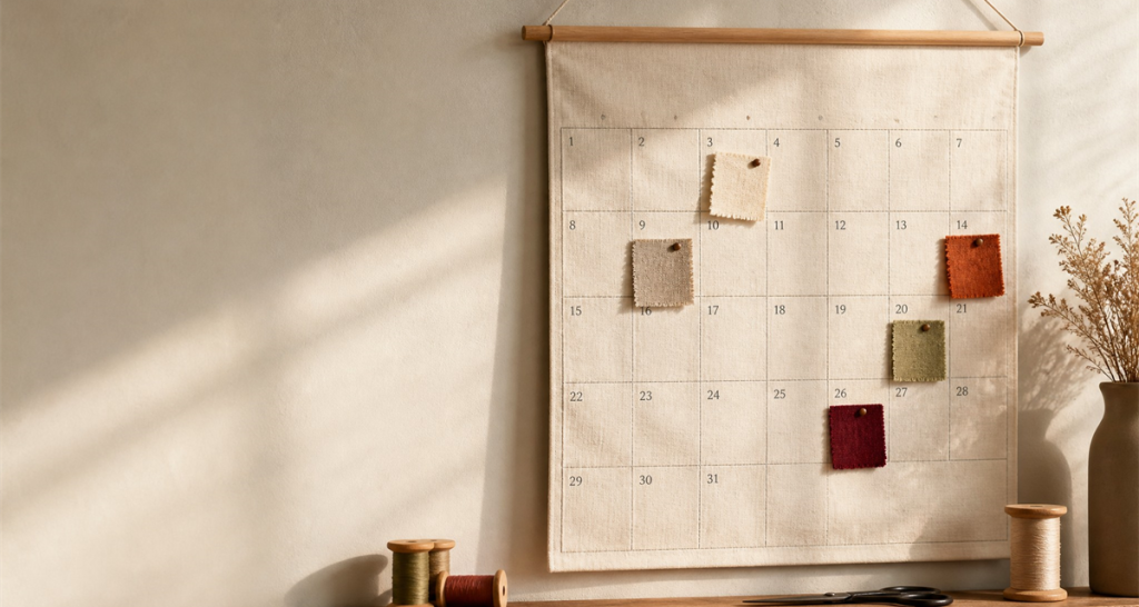 Aesthetic wall calendar with fabric swatches pinned to specific dates in seasonal light