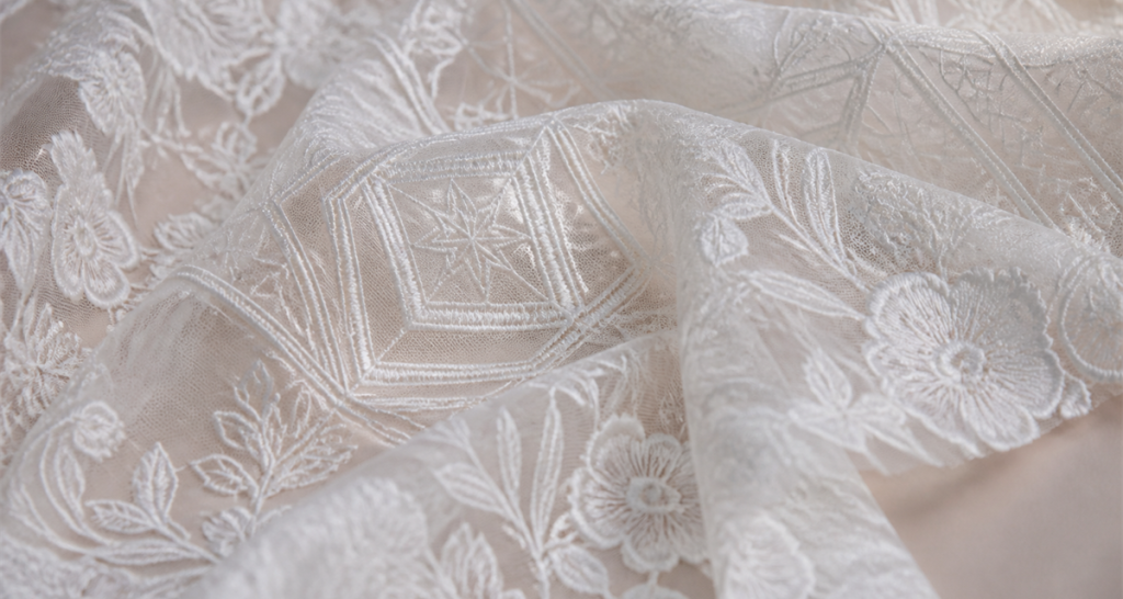 Innovative bridal lace embroidery blending modern geometric motifs with classic florals