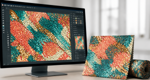 Digital fabric design shown on a large monitor compared with a matching physical printed swatch and small fabric roll on a modern desk