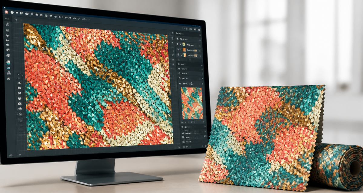 Digital fabric colour design compared with a matching physical lab dip swatch for fabric lab dip approval