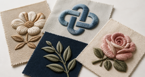 Professional studio shot of detailed 3D embroidery sample swatches