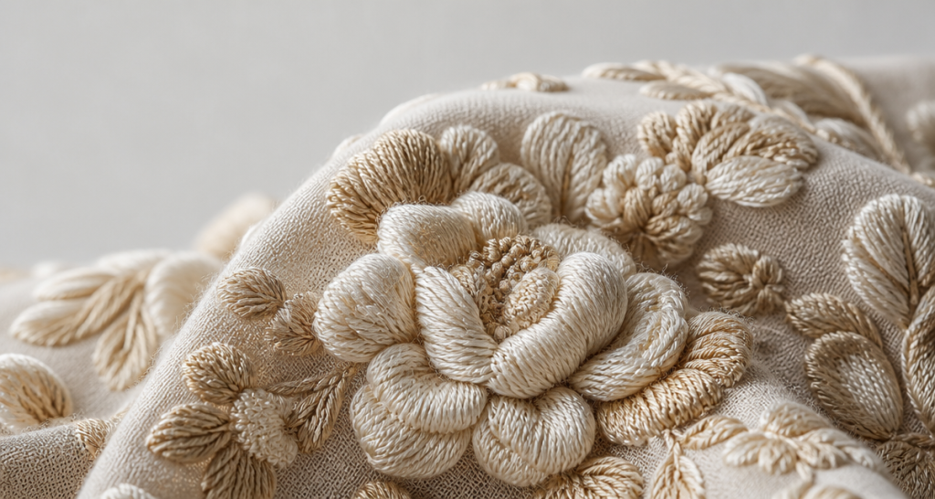 Extreme close-up of 3D relief embroidery fabric with thick raised thread work