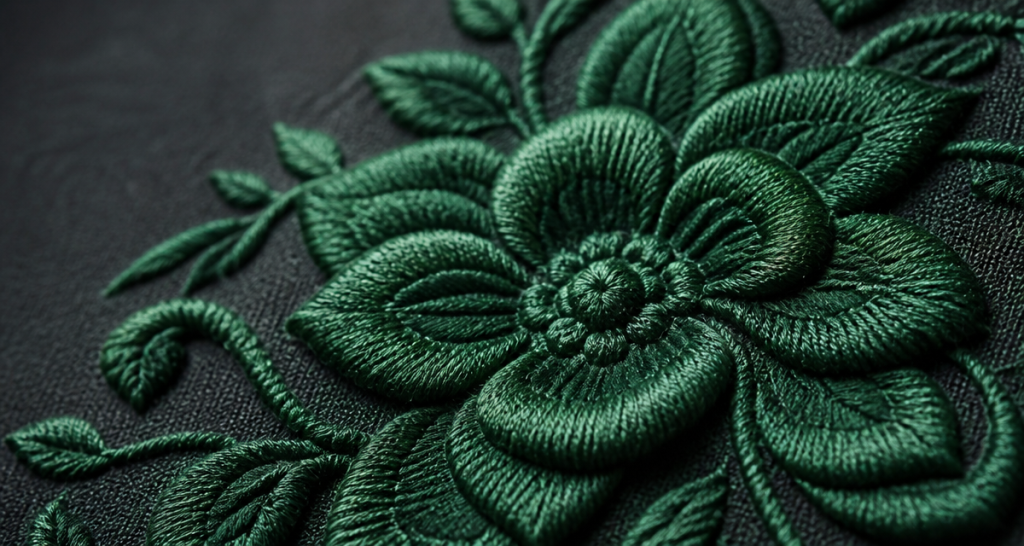 High-relief 3D stumpwork embroidery flower on dark fabric, satin stitch detail