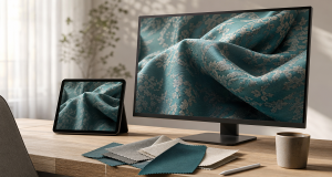 A designer workspace with a large monitor and tablet both displaying a photorealistic render of draped teal damask fabric, fabric swatches with pinked edges and a stylus on a light oak desk