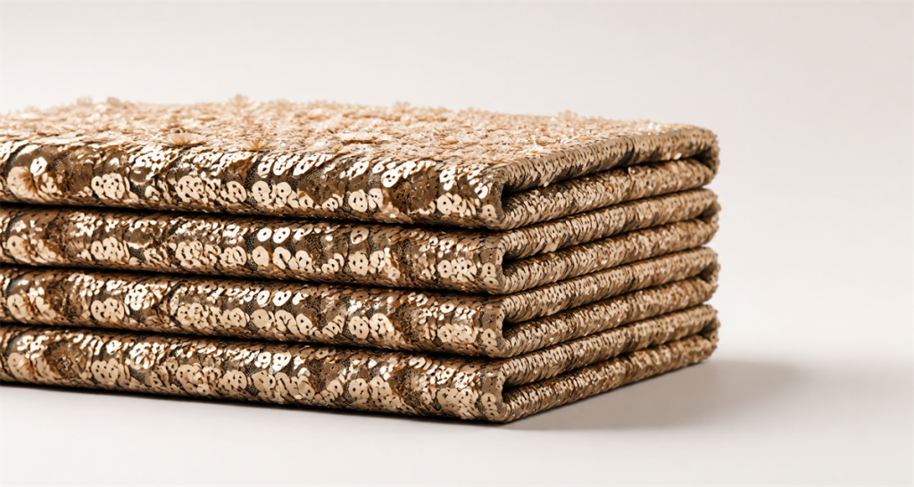 Stacked layers of gold sequin fabric with delicate 3D floral appliques in champagne tones