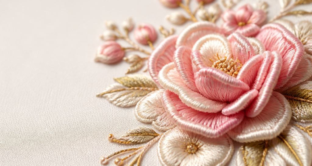 Dimensional 3D floral embroidery with a pink rose bouquet and gold metallic leaves on cream fabric