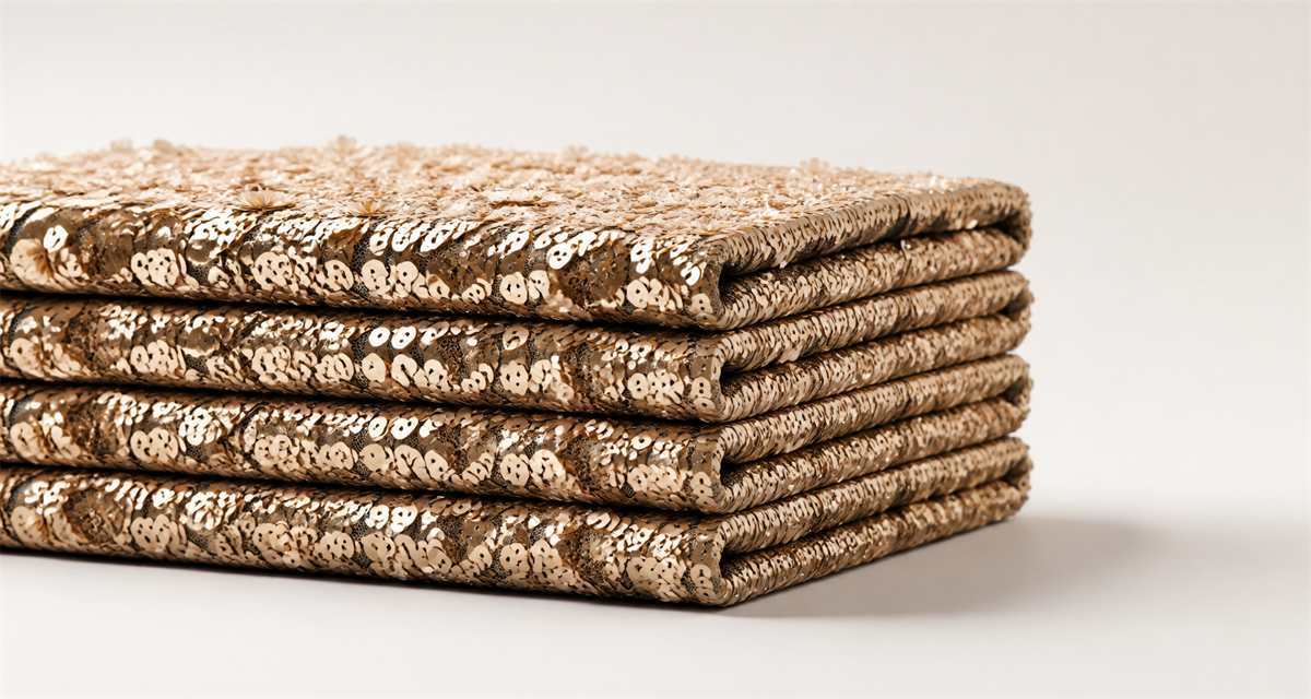 Stacked layers of gold sequin fabric with three-dimensional floral appliques, showing how embroidery applique thickness builds up on a panel