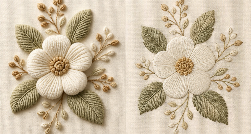 Side-by-side comparison of raised 3D puff embroidery and flat embroidery on ivory fabric