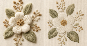 Side-by-side comparison of raised 3D puff embroidery and flat embroidery on ivory fabric