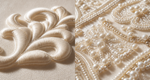Macro comparison of high-loft 3D puff embroidery beside heavy hand-stitched beadwork