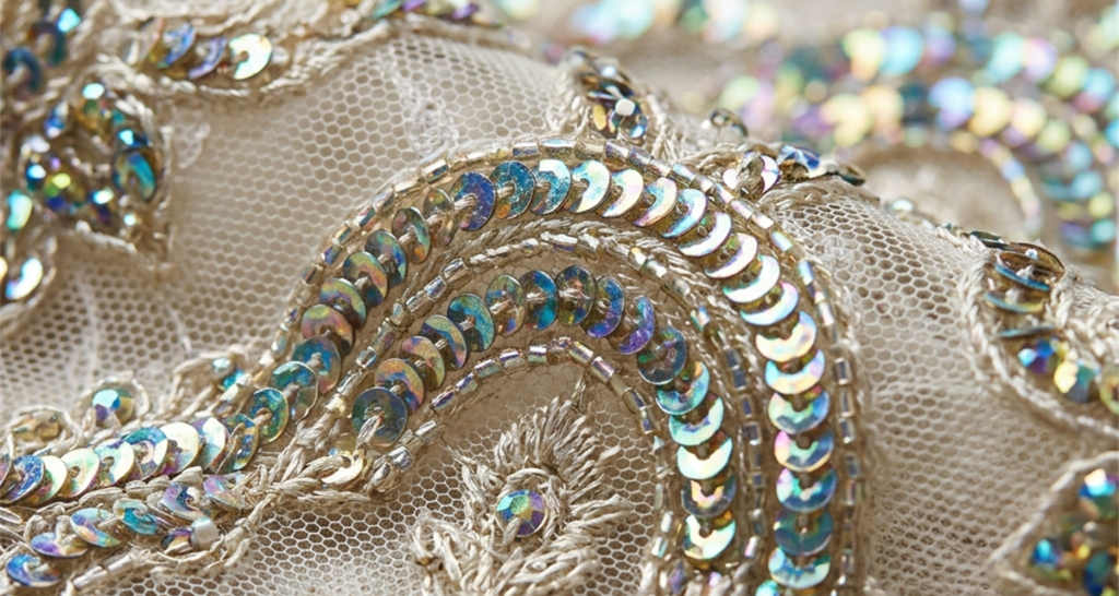 Macro close-up of raised 3D sequin and seed-bead embroidery on ivory mesh fabric