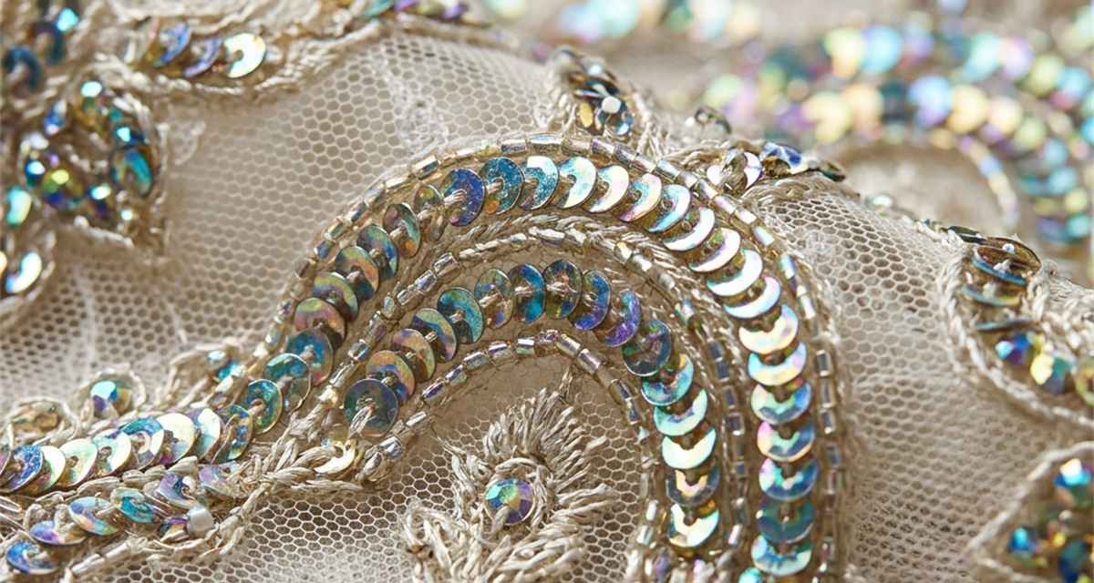 Embroidery pattern repeat review on a repeating 3D sequin and seed-bead motif on ivory mesh fabric