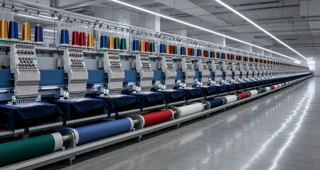 A long row of identical multi-head embroidery machines running in parallel in a clean modern factory hall, colorful thread spools on overhead creels and fabric rolls below on a polished reflective floor