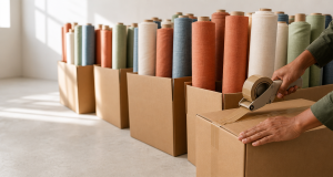 A worker's hands sealing a cardboard box with packing tape in a bright minimal dispatch area, rows of open cartons holding upright fabric rolls in terracotta, slate blue, sage green and cream