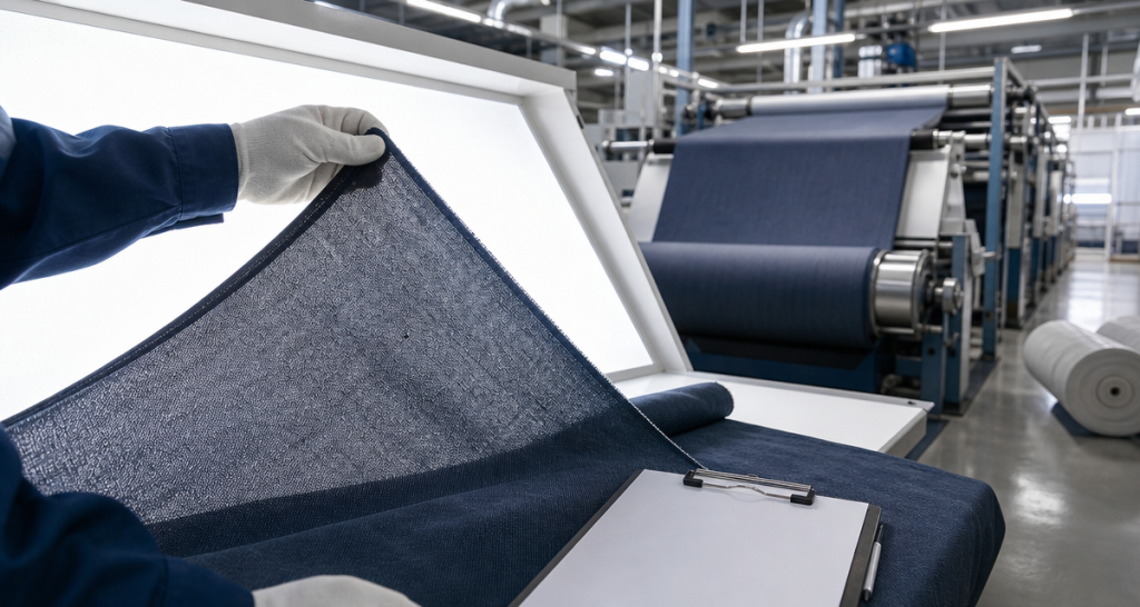 A worker's gloved hands holding navy blue fabric for inspection over a bright light box beside a blank clipboard in a textile factory with large machinery