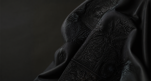Elegant black-on-black embroidery detail on flowing silk with traditional motifs