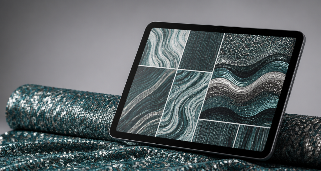 Shimmering sequin fabric roll beside a tablet showing digital textile designs for AI-ready sourcing
