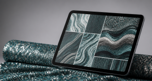 Shimmering sequin fabric roll beside a tablet showing digital textile designs for AI-ready sourcing