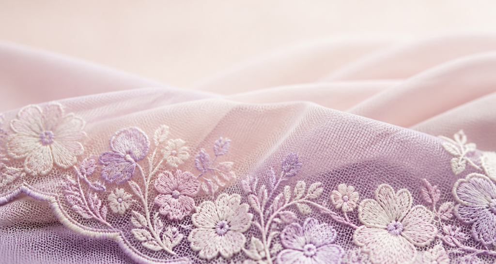 Delicate pastel botanical embroidery on sheer bridal fabric with scalloped edge