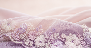 Delicate pastel botanical embroidery on sheer bridal fabric with scalloped edge