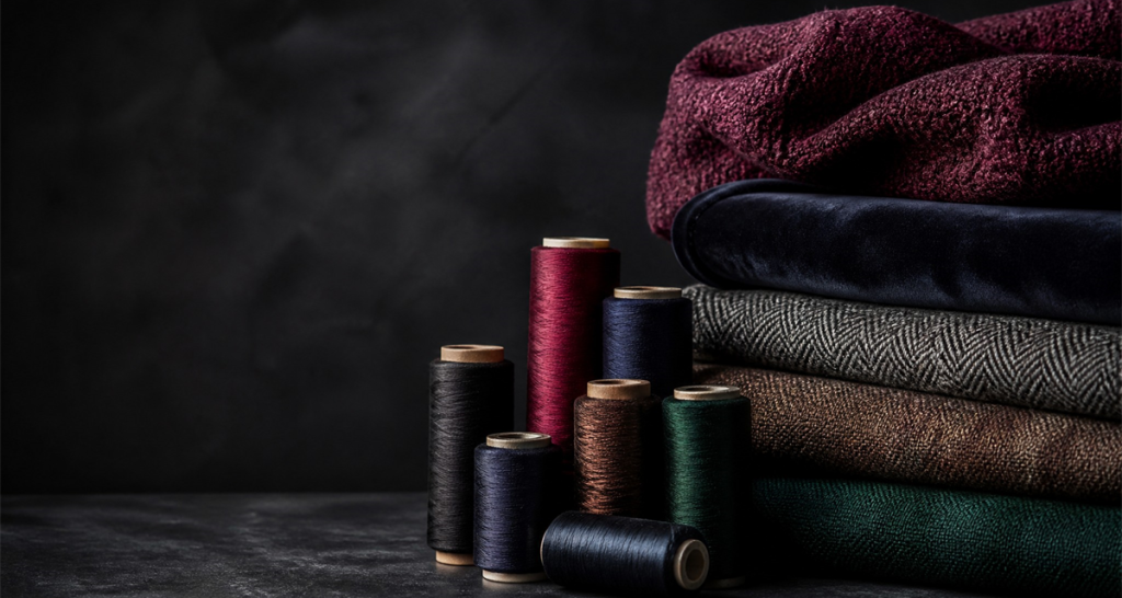 Luxurious mood board with deep winter color thread spools and textured fabric samples