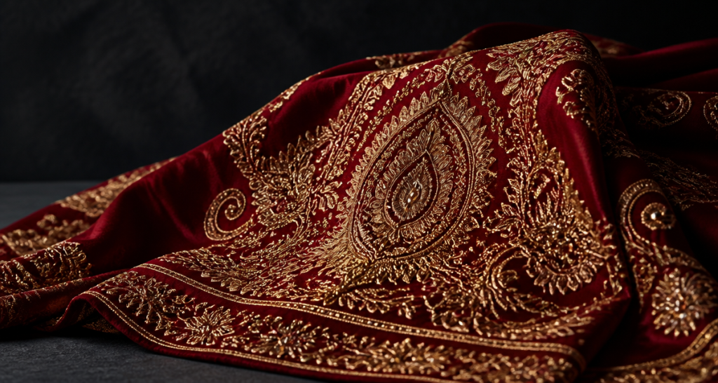 Deep ruby and gold festive textile with intricate metallic embroidery