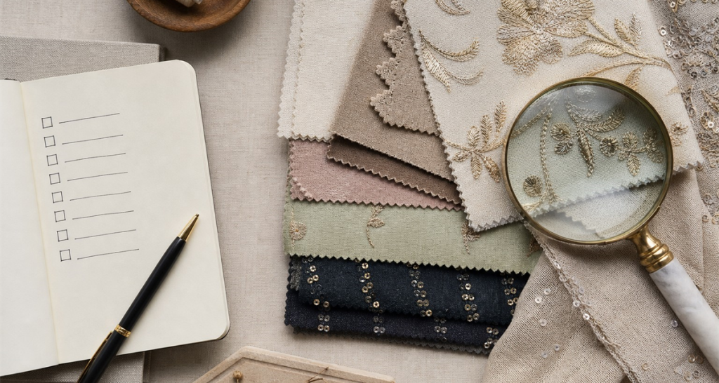 Flat lay of a B2B buyer notebook, fabric swatches and a magnifying glass on linen