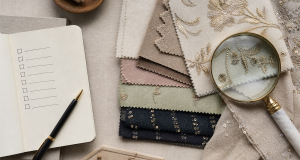 Flat lay of a B2B buyer notebook, fabric swatches and a magnifying glass on linen