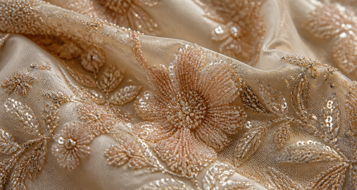 Beaded embroidery fabric with sequin accents for wholesale fashion collections