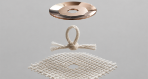 Exploded technical view of a 3D sequin showing the sequin disc, thread loop and mesh base