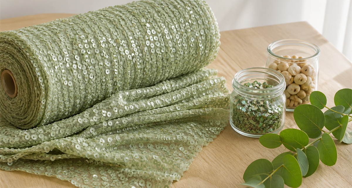 Sage green bio-based sequin fabric rolls with recycled material references for SS27 sourcing