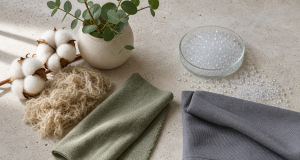 A still-life on a light stone surface with cotton bolls, eucalyptus sprigs, loose cream fibers and a sage green fabric swatch beside a glass dish of translucent recycled PET pellets and a folded gray fabric swatch