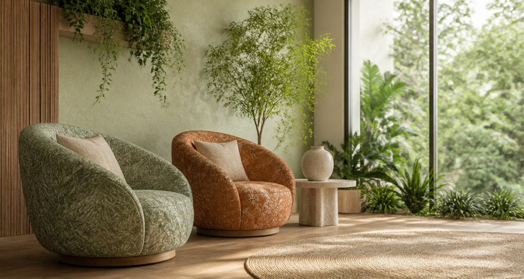 A serene modern lounge with two round swivel armchairs upholstered in sage green and terracotta patterned fabric, cream throw pillows, lush indoor plants, a fluted ceramic vase on a side table and a floor-to-ceiling window onto a leafy garden, soft daylight and a jute rug on oak flooring
