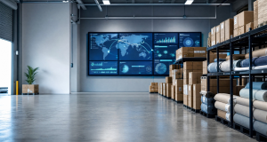 Organized shipping boxes in a clean warehouse with a digital logistics dashboard nearby