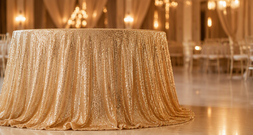 Bulk sequin tablecloth fabric with dense shimmering sequins for event decor and banquet use