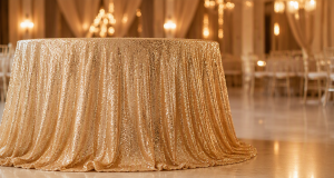 Bulk sequin tablecloth fabric with dense shimmering sequins for event decor and banquet use