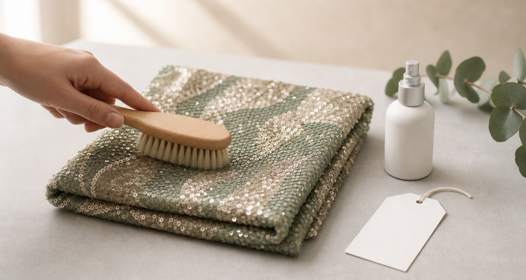 A hand gently brushing a folded sage-green and champagne sequin fabric with a soft-bristled wooden brush on a light grey surface, a small white spray bottle, a blank white care tag and a eucalyptus sprig beside it, bright soft light