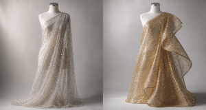 Side-by-side comparison of silver sequin fabric on a flowing chiffon underlay draping in soft folds and gold sequin fabric on a crisp organza underlay holding sculpted shape on identical dress forms